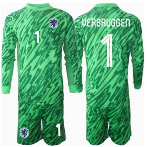 Fotballdrakt Barn Nederland Bart Verbruggen #1 Keeper Hjemmedraktsett EM 2024 Langermet (+ Korte bukser)